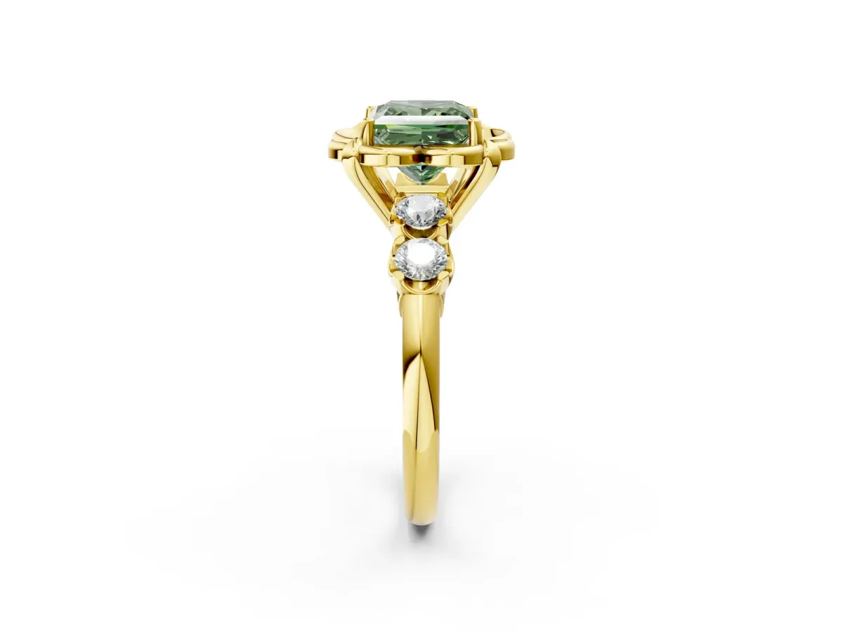 Fancy Green Princess Cut Cut Diamond Floral Halo Engagement Ring with Shared Prong Setting Yellow gold