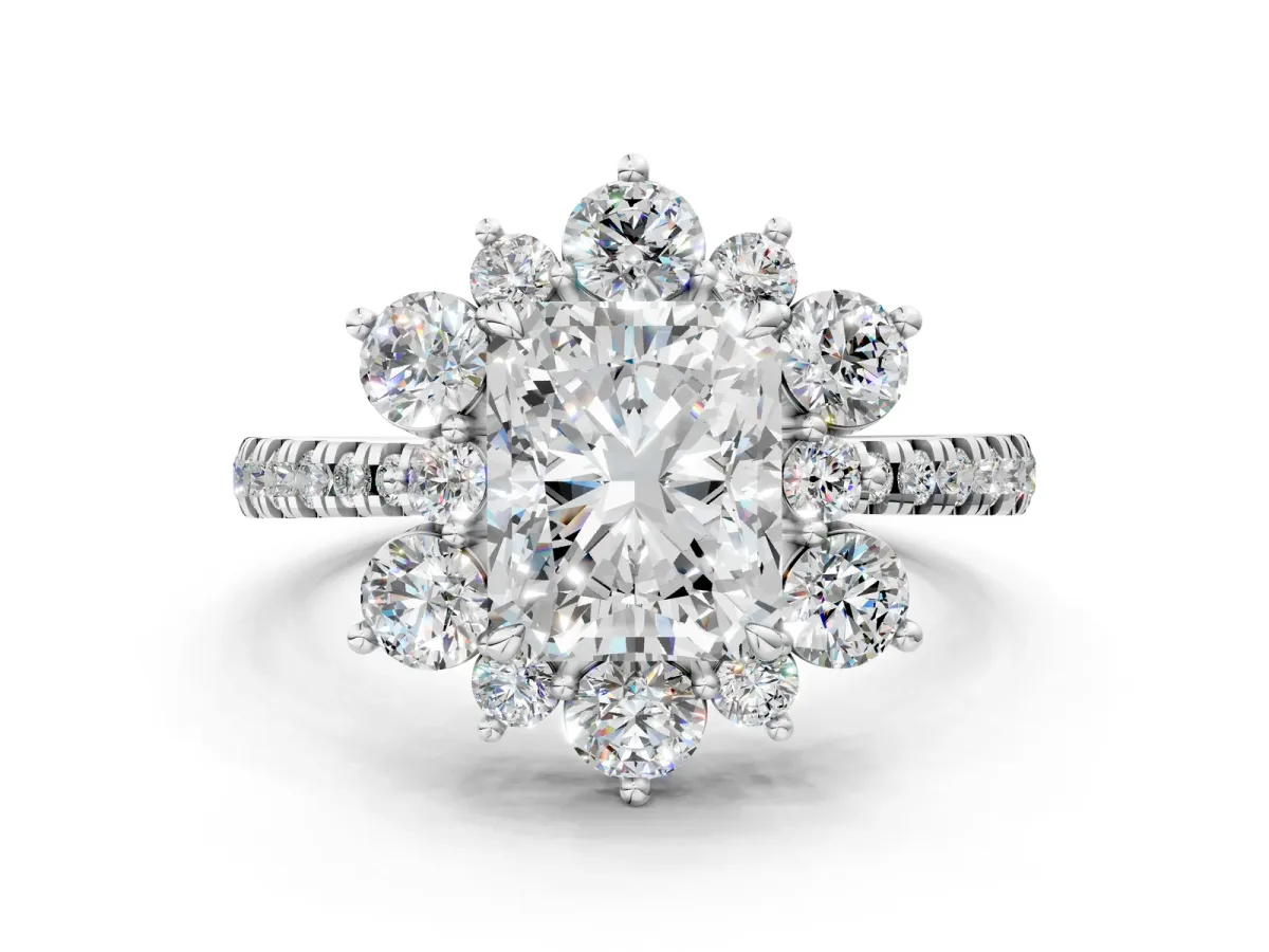 Radiant Cut Diamond Floral Halo Ring with Round Pavé Band and Prong Setting Platinum