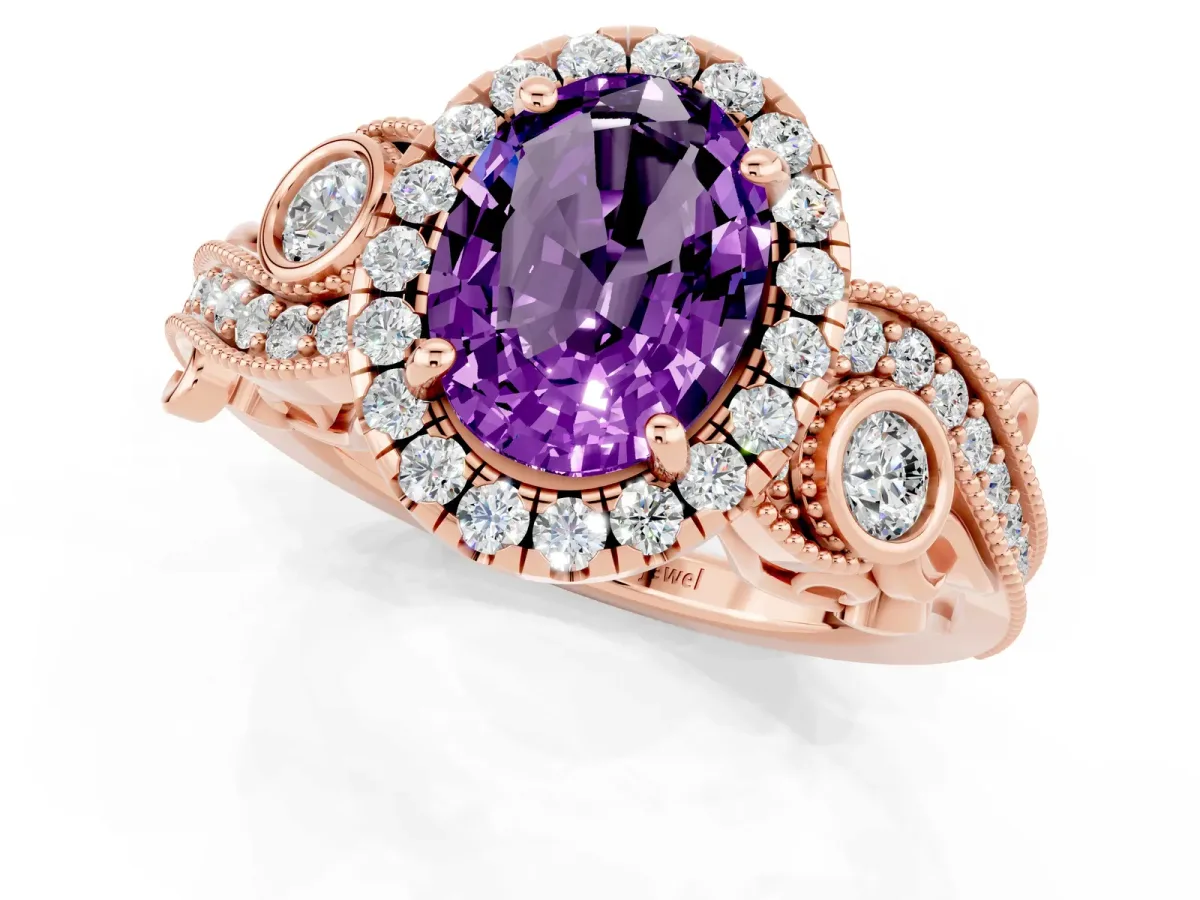 Oval Cut Amethyst Halo Ring with Milgrain Pavé Band and Four-Prong Setting Rose gold