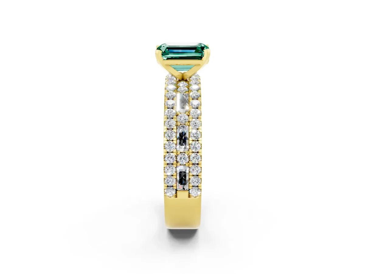 Emerald Cut Green Sapphire Solitaire Ring with Pavé and Channel Set Band Yellow gold