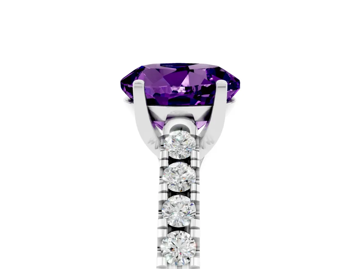 Round Cut Amethyst Pavé Band Solitaire Ring with Prong Setting White gold