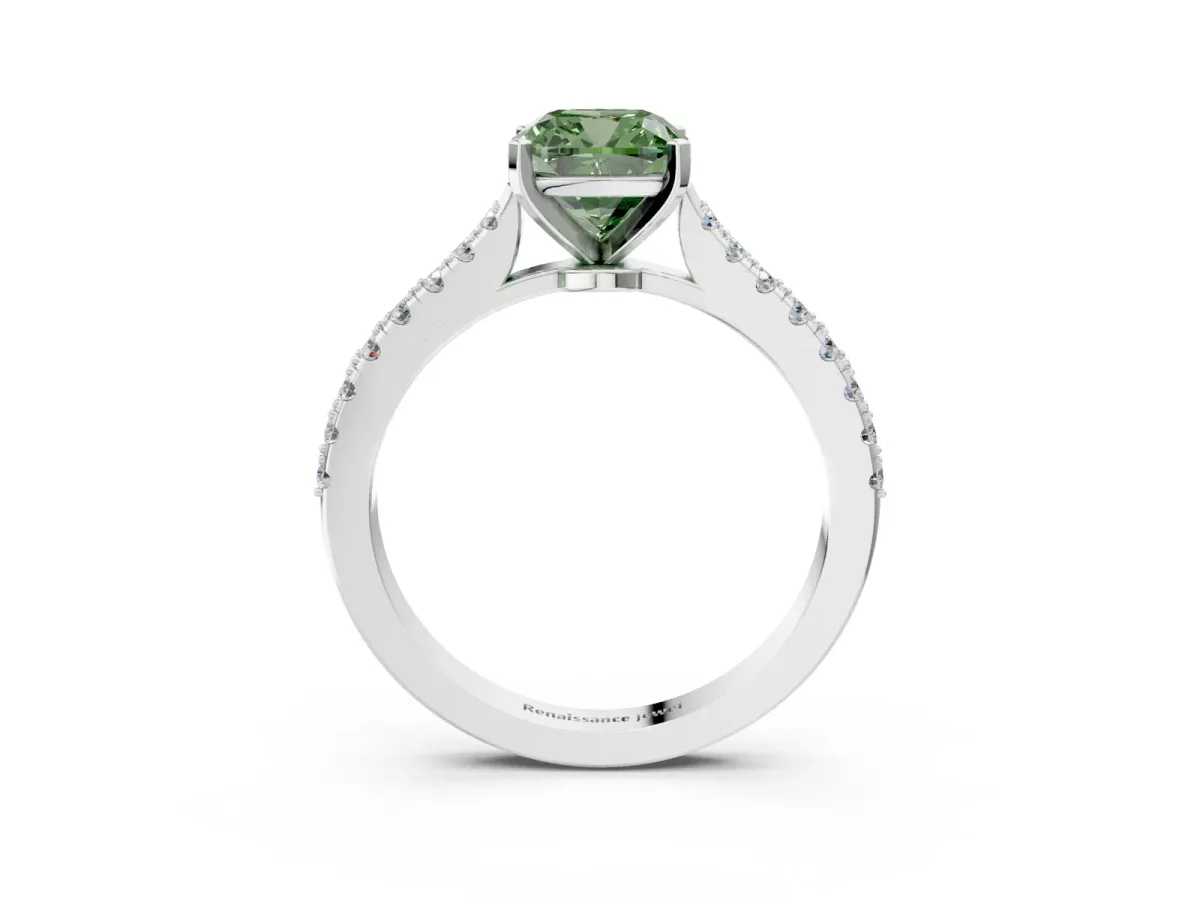 Fancy Green Cushion Cut Cut Solitaire Diamond Engagement Ring with Pave Band and Four-Prong Setting White gold