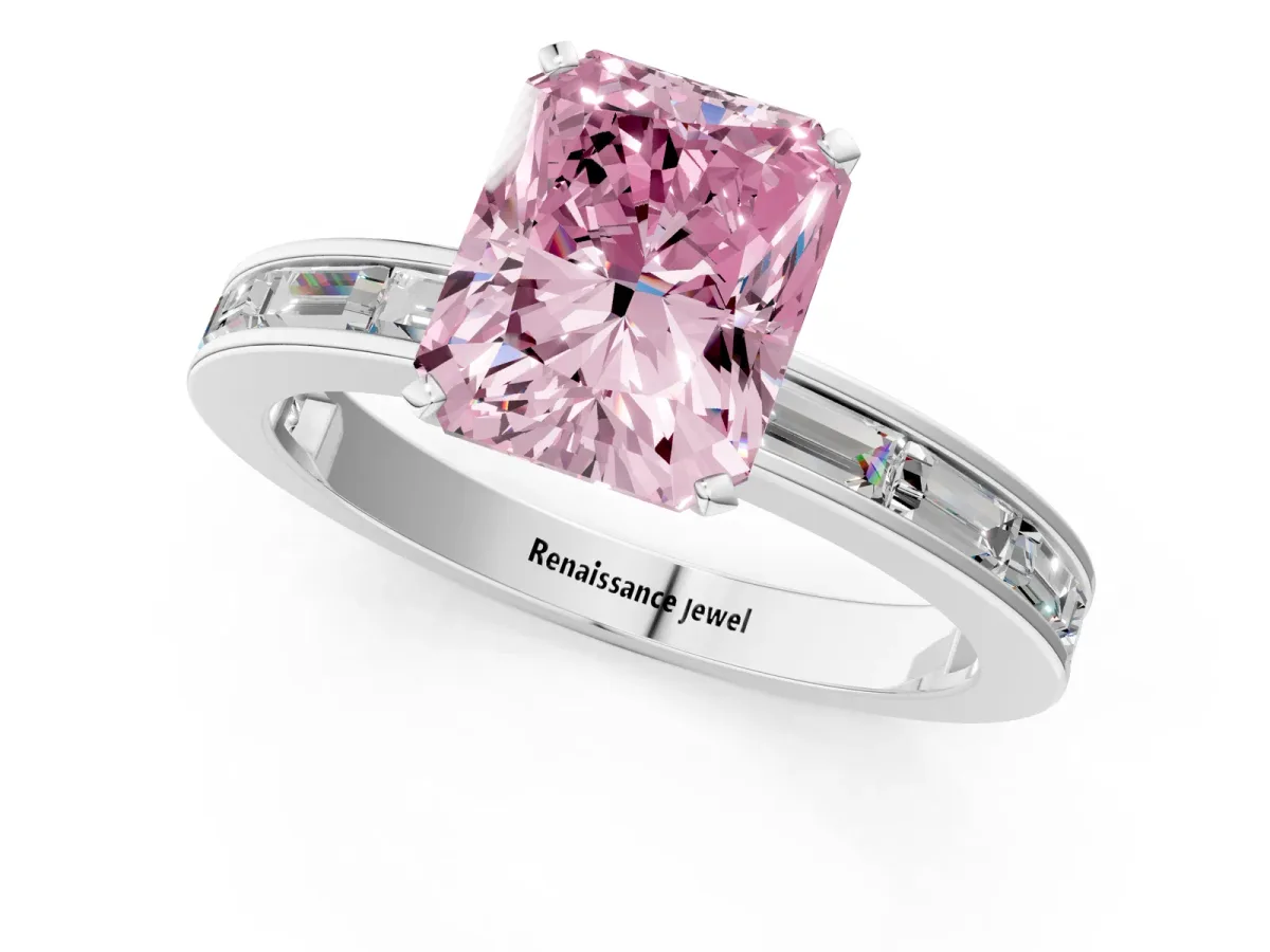 Fancy Pink Radiant Cut Solitaire Diamond Ring with Channel-Set Baguette Band and Four-Prong Setting White gold