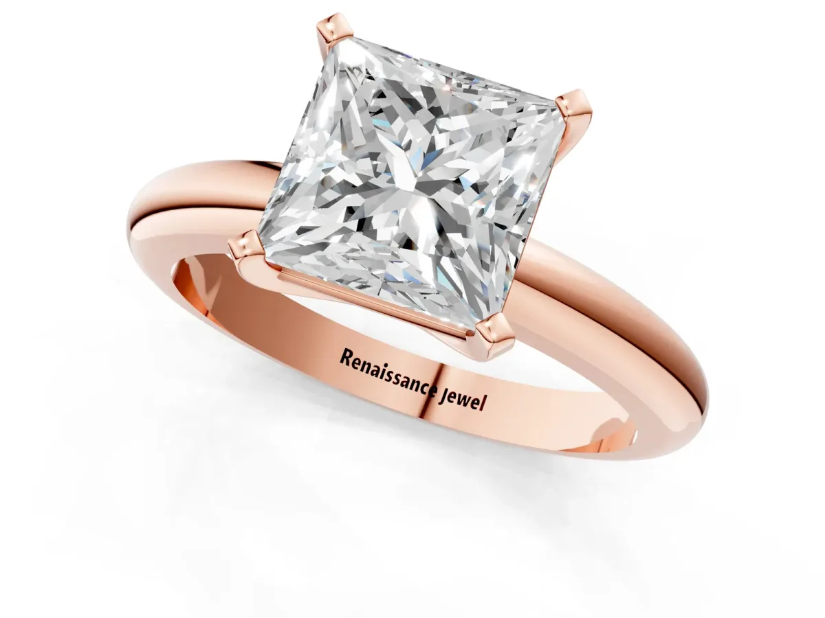 Princess Cut Diamond Solitaire Engagement Ring with Round Band and Four-Prong Setting Rose gold
