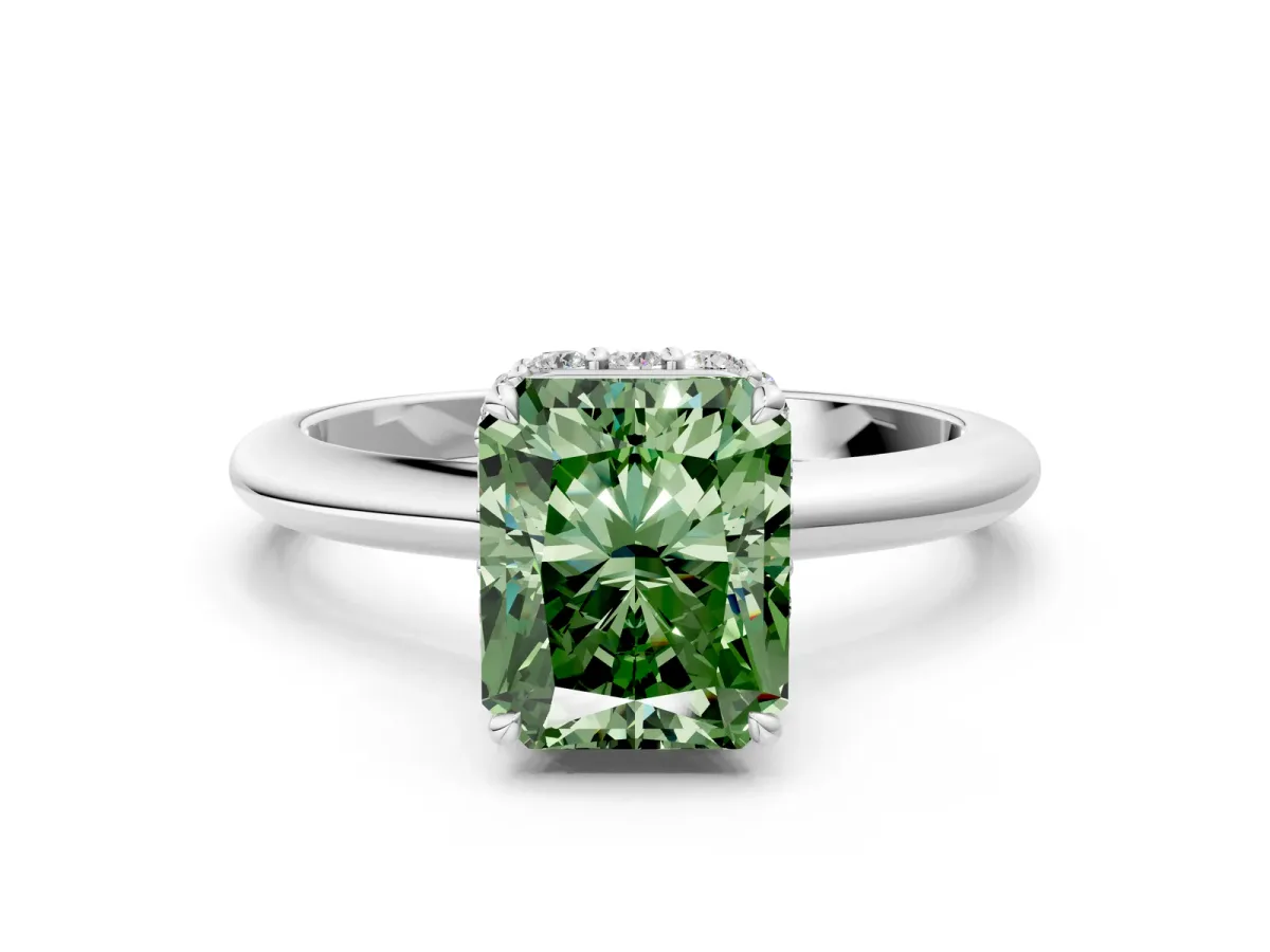 Fancy Green Radiant Cut Brilliant Solitaire Engagement Ring with Six-Prong Setting and Classic Band Platinum