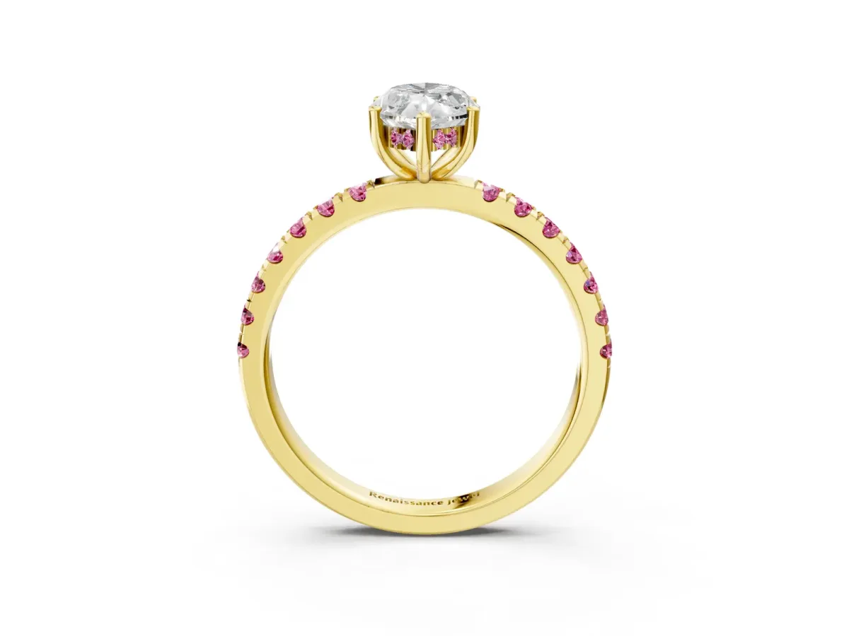 Marquise Cut Diamond Pave Band Solitaire Ring with Round Pink Sapphire and Prong Setting Yellow gold