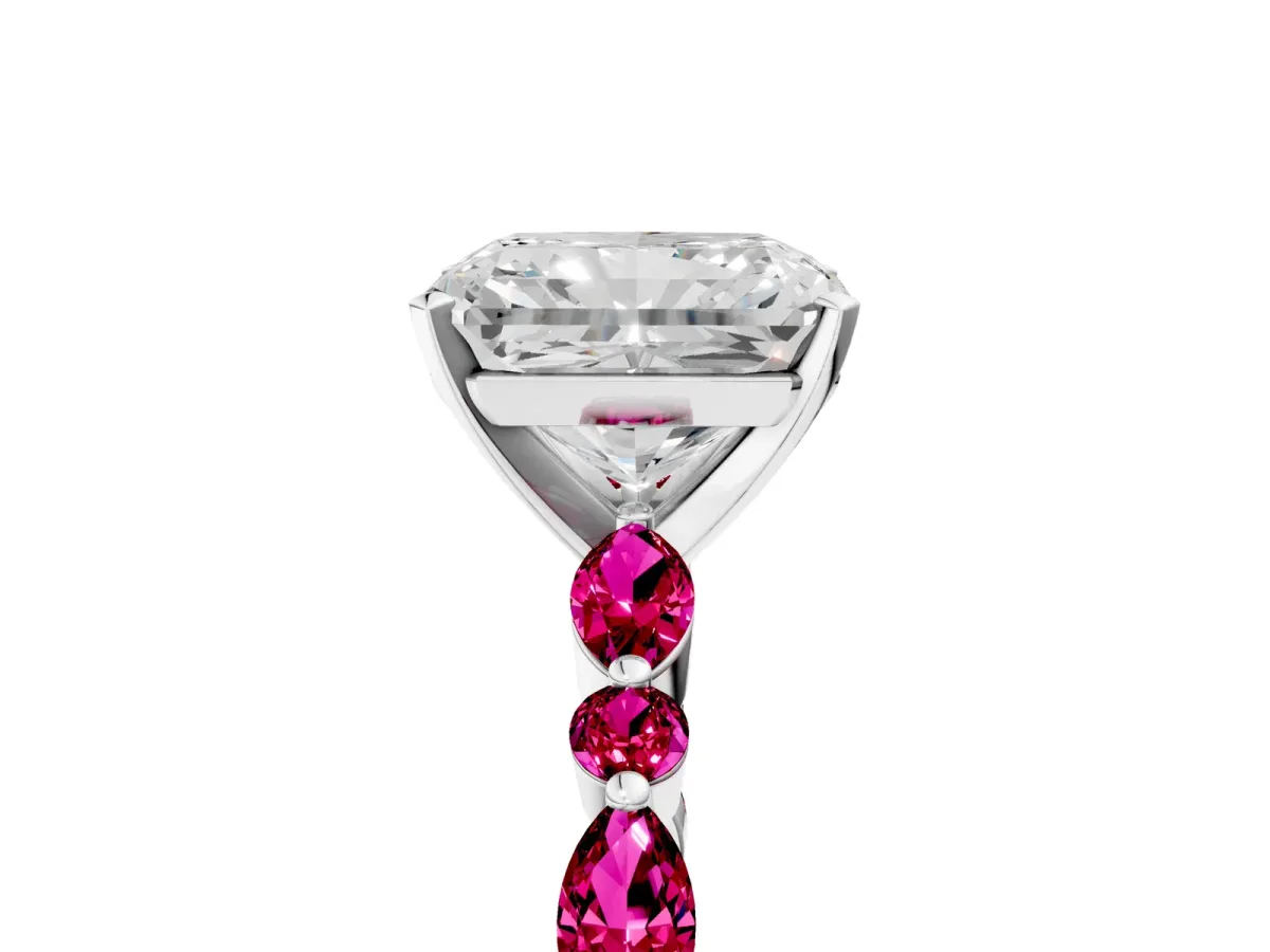 Radiant Cut Diamond Ring with Marquise and Round Garnet Side Stones and Four-Prong Setting White gold