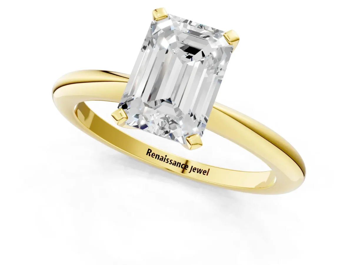 Emerald Cut Diamond Solitaire Ring with Six-Prong Setting and Classic Band Yellow gold