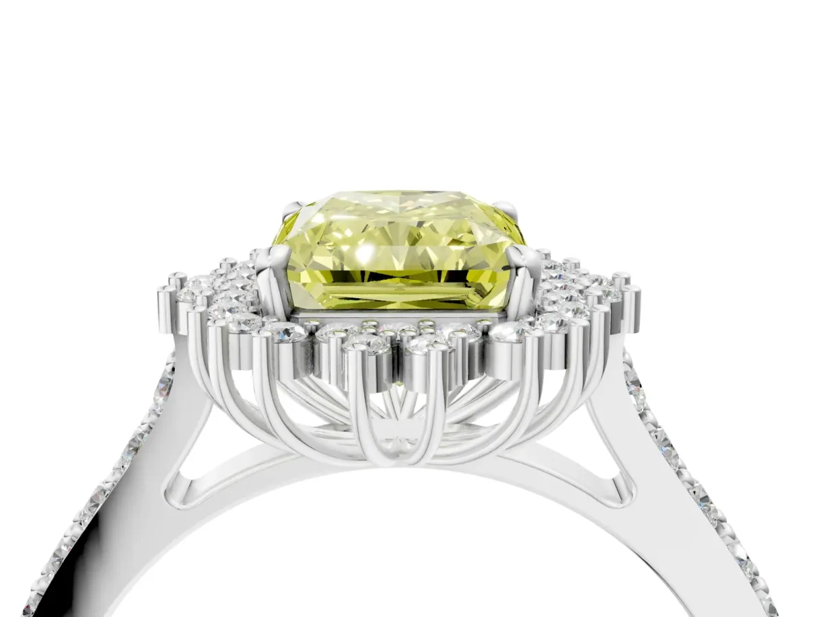 Fancy Yellow Radiant Cut Cut Diamond Sunburst Halo Engagement Ring with Pavé Band Platinum