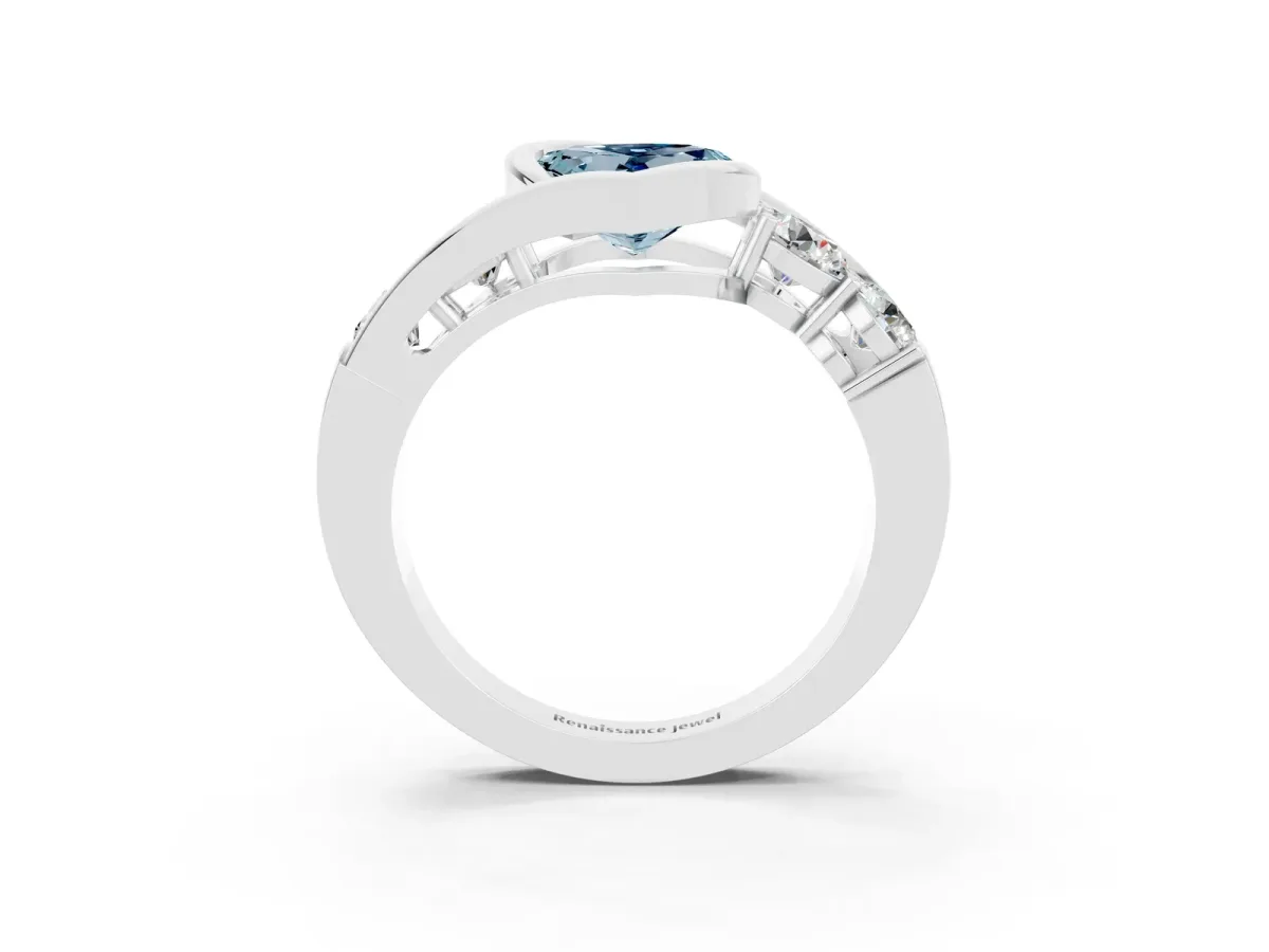 Bezel Set Heart Cut Aquamarine Bypass Ring with Round Accents Silver