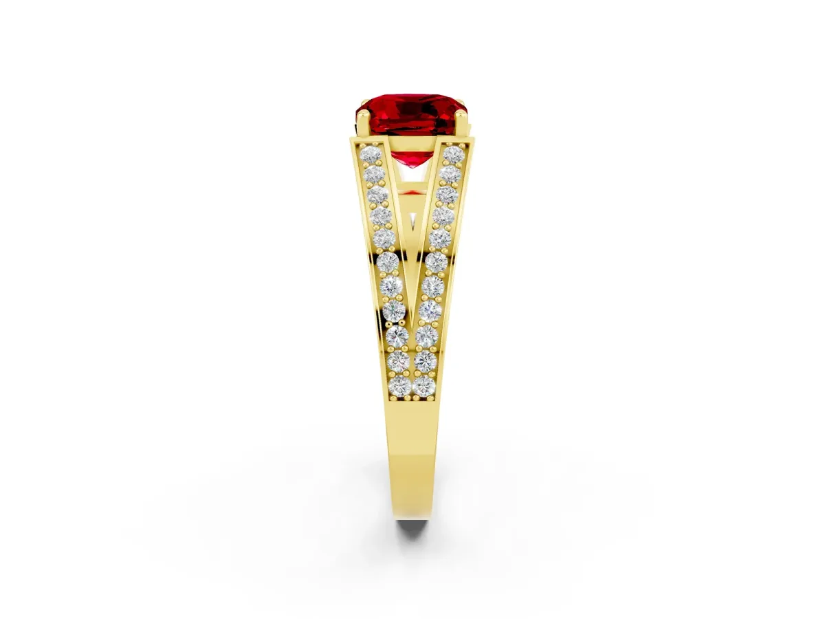 Cushion Cut Ruby Split Shank Ring with Pavé Band and Four-Prong Setting Yellow gold