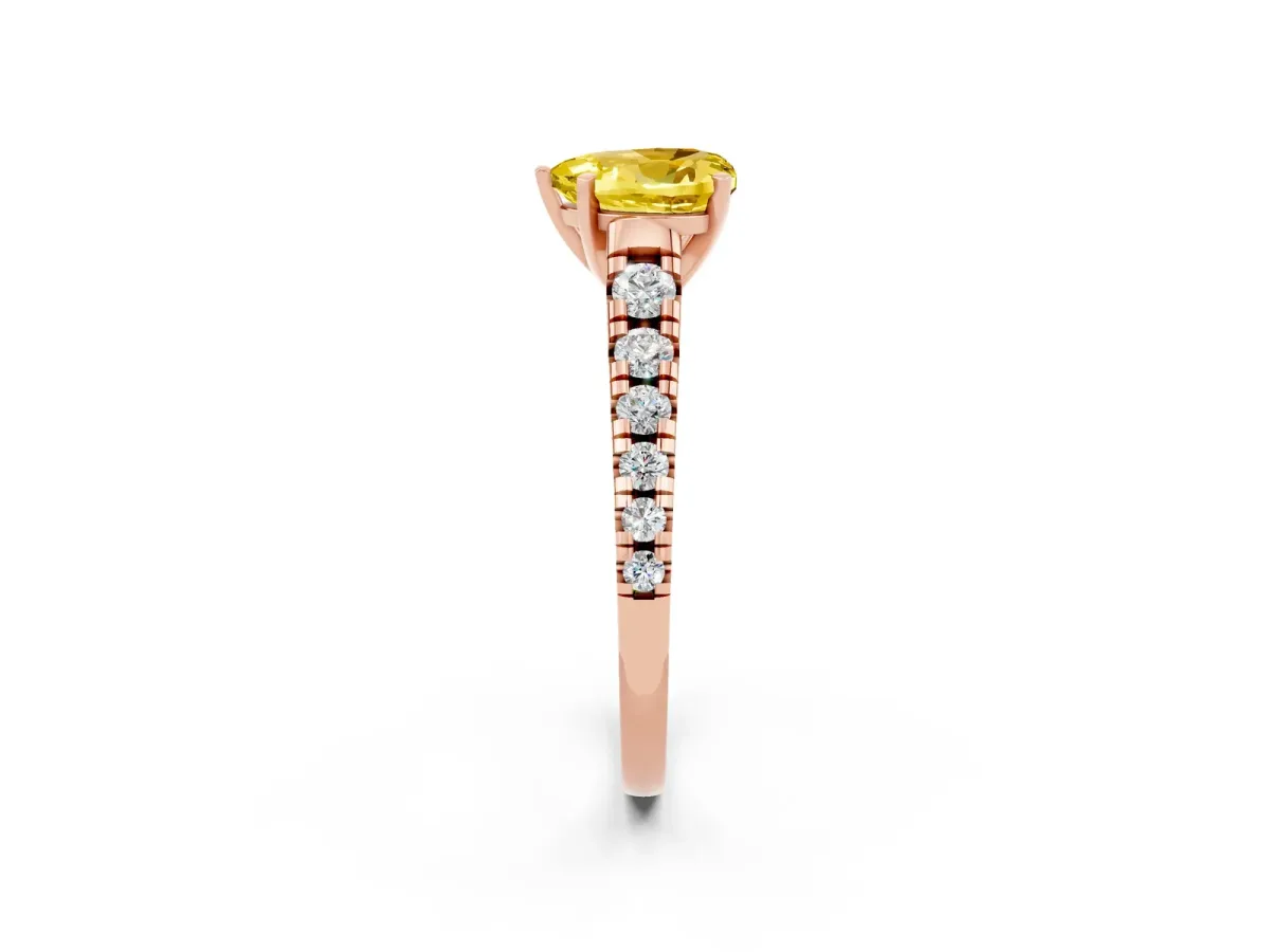 Heart Cut Yellow Sapphire Cathedral Solitaire Ring with Round Pavé Band Rose gold