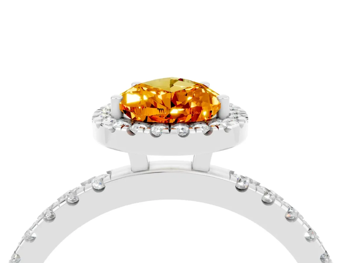 Pear Cut Citrine Classic Halo Engagement Ring with Round Pavé Band and Prong Setting White gold