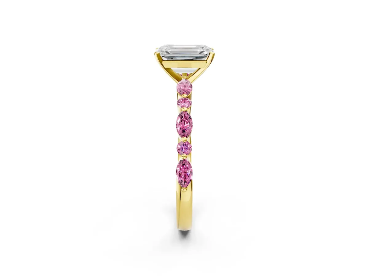 Emerald Cut Diamond Ring with Marquise and Round Pink Sapphire Side Stones and Four-Prong Setting Yellow gold