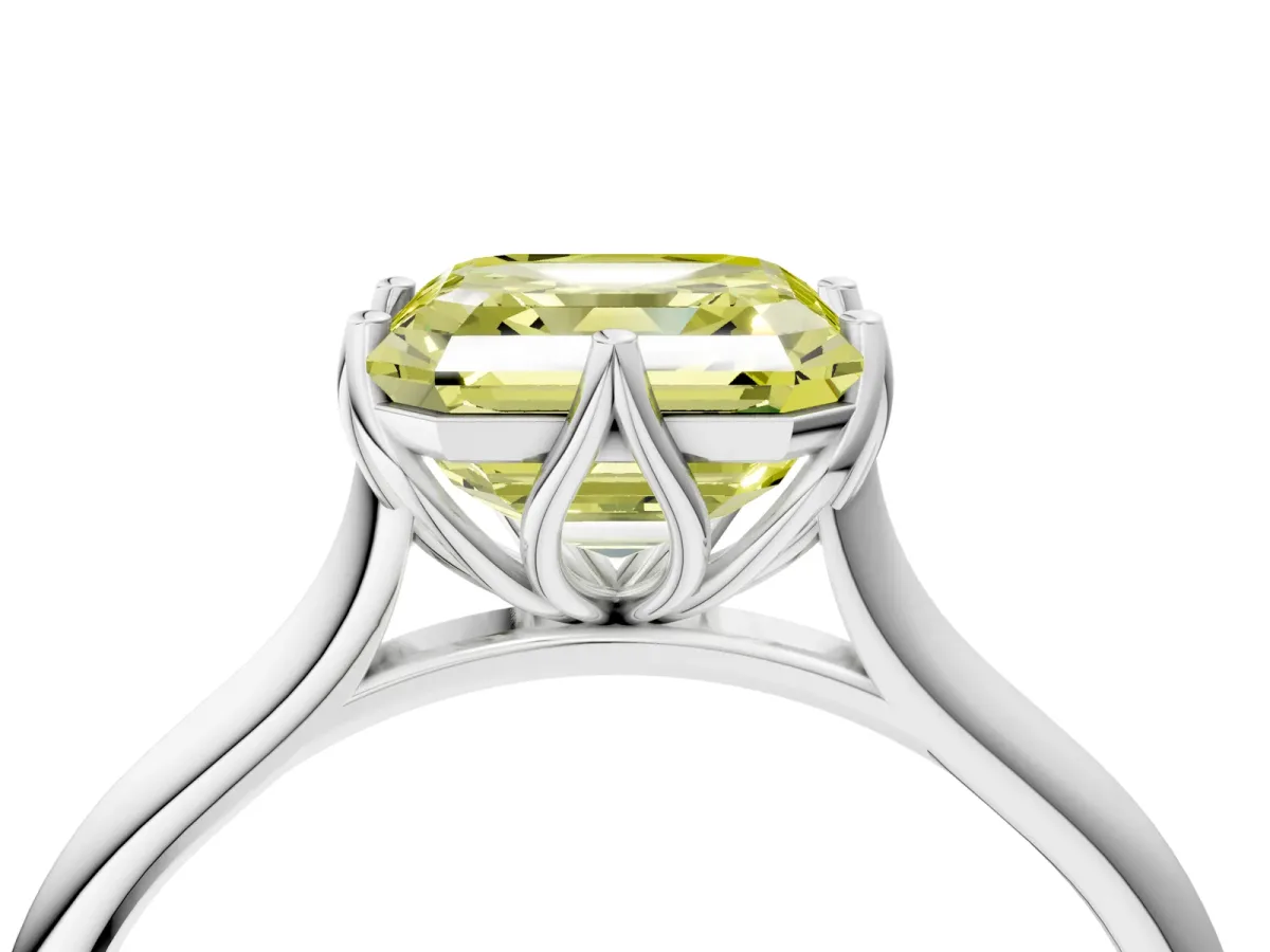 Fancy Yellow Asscher Cut Solitaire Cathedral Diamond Ring with Six-Prong Setting Platinum
