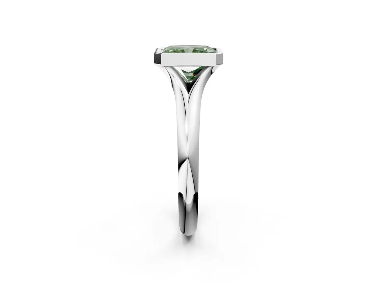 Fancy Green Bezel Set Radiant Cut Solitaire Diamond Ring with Smooth Band Platinum
