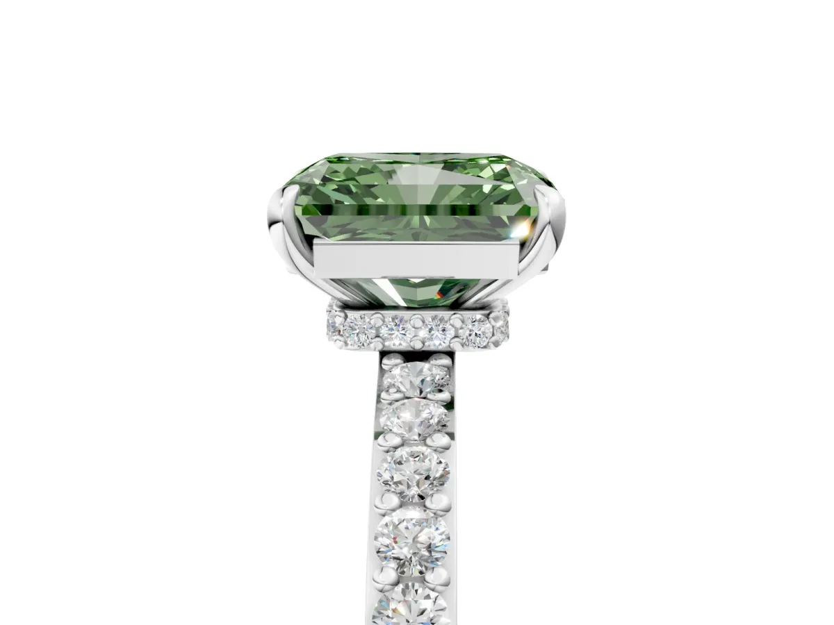 Fancy Green Radiant Cut Diamond Solitaire Engagement Ring with Pavé Band and Four-Prong Setting White gold
