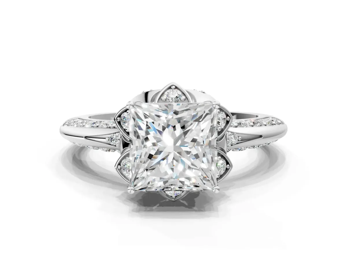 Princess Cut Halo Split Shank Pave Diamond Ring with Petal Prong Setting White gold