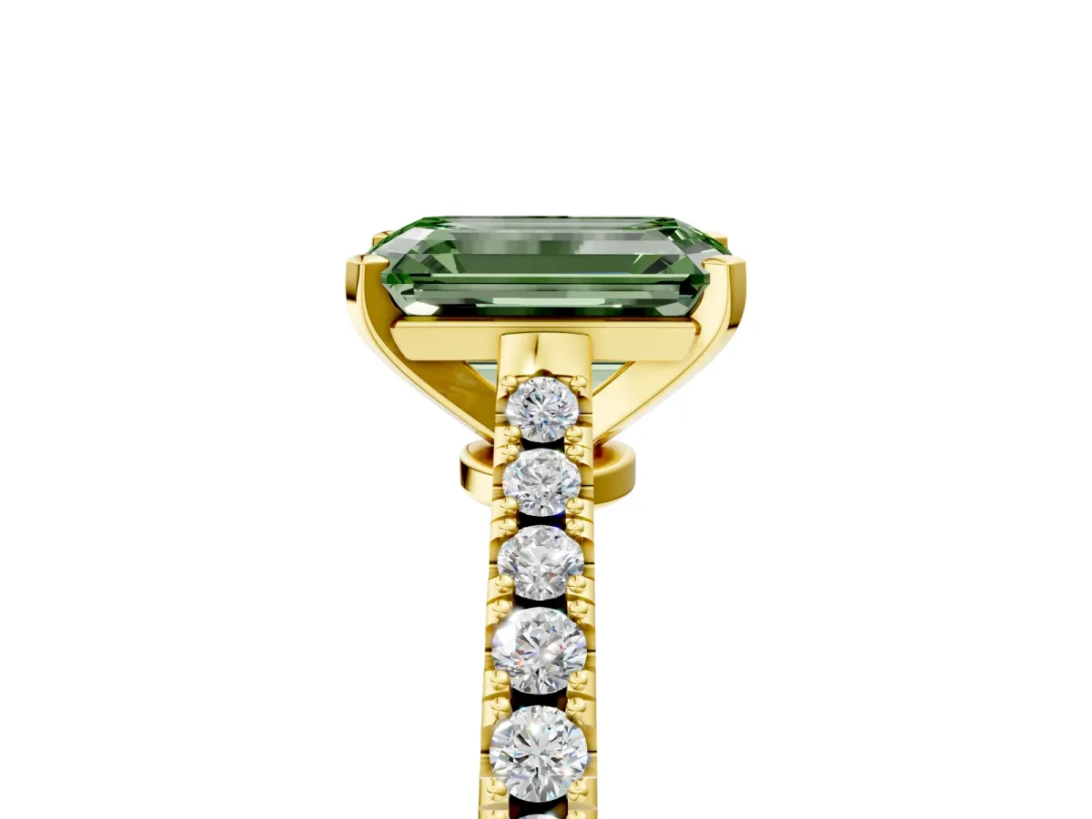 Fancy Green Emerald Cut Cut Solitaire Diamond Engagement Ring with Pave Band and Four-Prong Setting Yellow gold