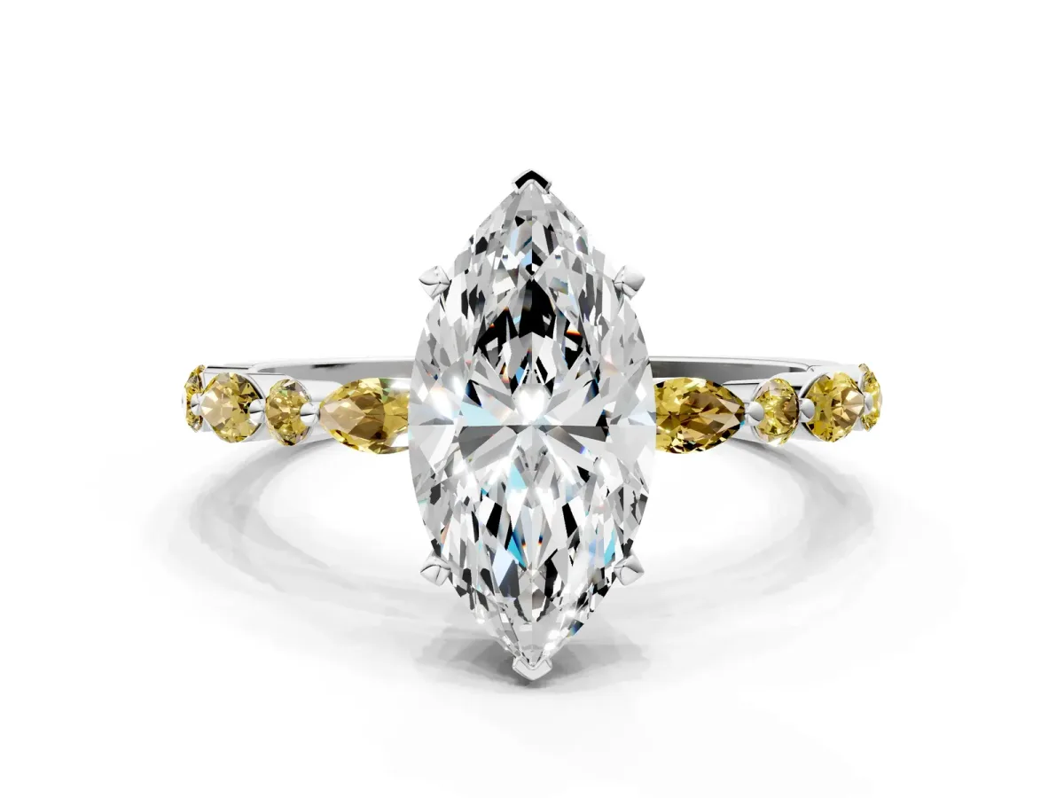 Marquise Cut Diamond Ring with Marquise and Round Yellow Sapphire Side Stones and Four-Prong Setting Platinum