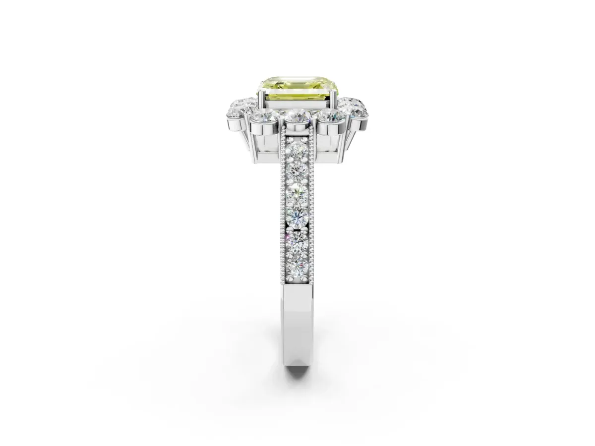 Fancy Yellow Asscher Cut Cut Halo Diamond Pavé Engagement Ring with Milgrain Detailing Platinum