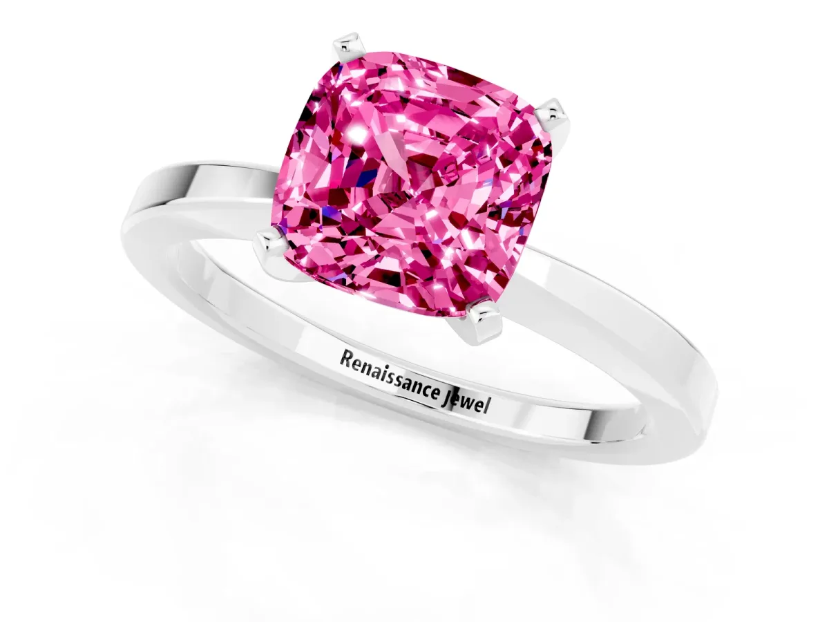 Cushion Cut Pink Sapphire Solitaire Engagement Ring with Classic Band and Four-Prong Setting White gold
