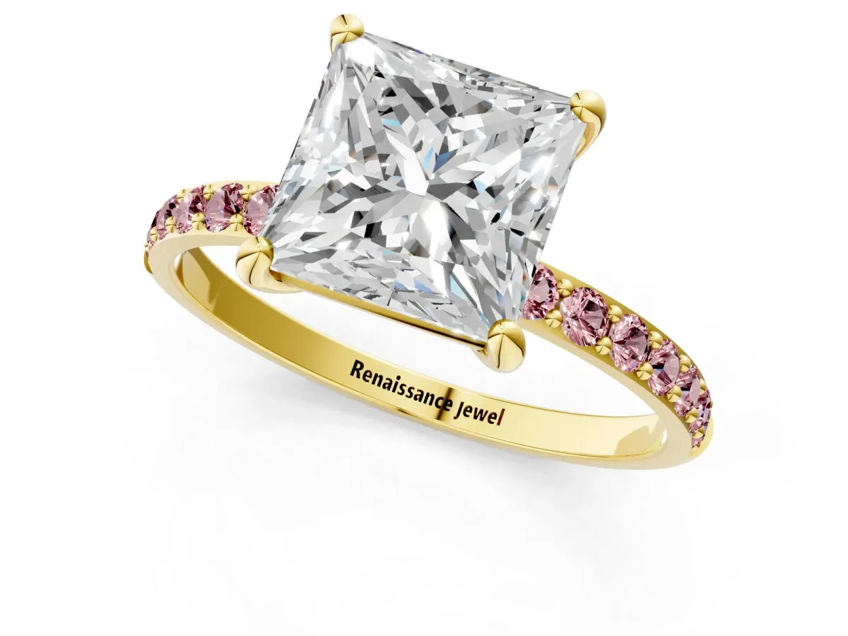 Princess Cut Diamond Solitaire Ring with Round Morganite Pavé Band and Prong Setting Yellow gold