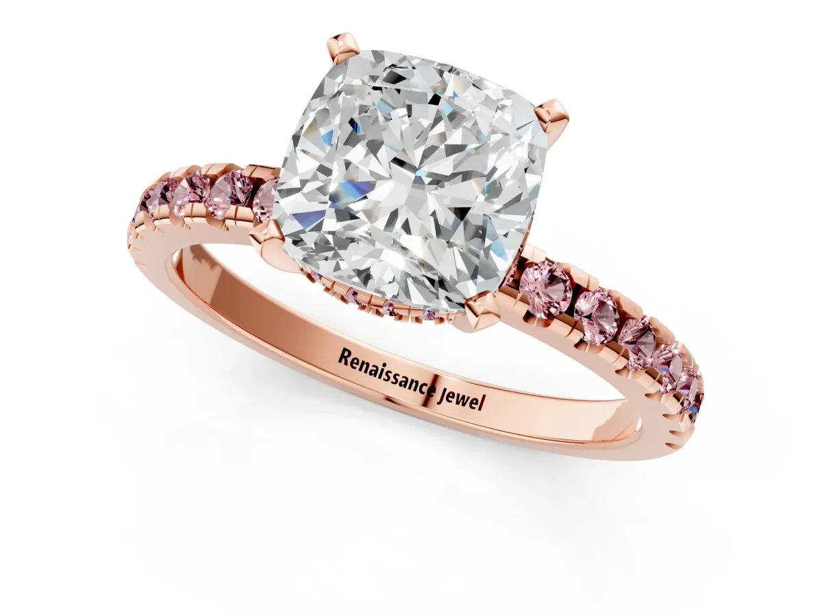 Cushion Cut Diamond Solitaire Ring with Round Morganite Pavé Band and Four-Prong Setting Rose gold