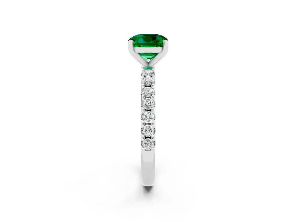 Cushion Cut Emerald Solitaire Pavé Band with Four-Prong Setting Silver