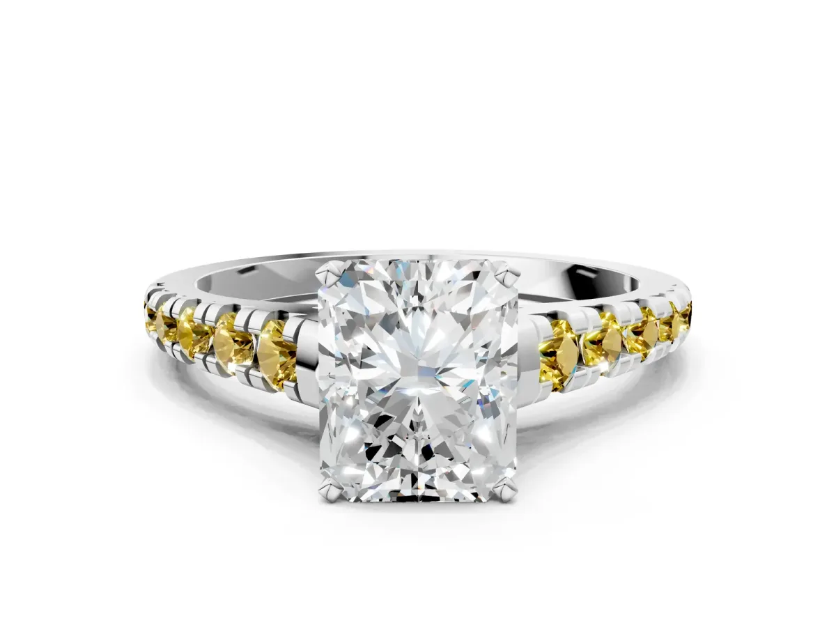 Radiant Cut Diamond Cathedral Solitaire Ring with Round Yellow Sapphire Pavé Band White gold