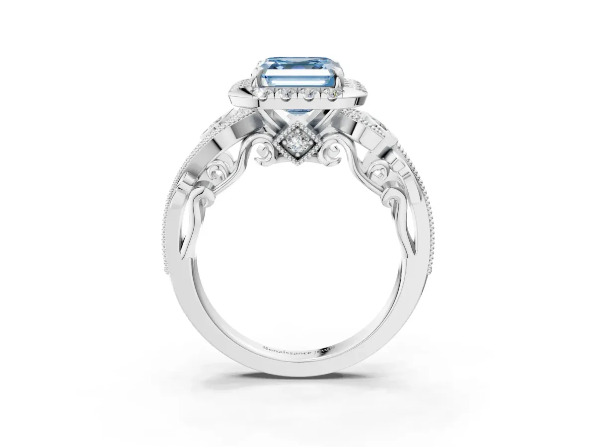 Fancy Blue Asscher Cut Diamond Halo Ring with Milgrain Pavé Band and Four-Prong Setting White gold