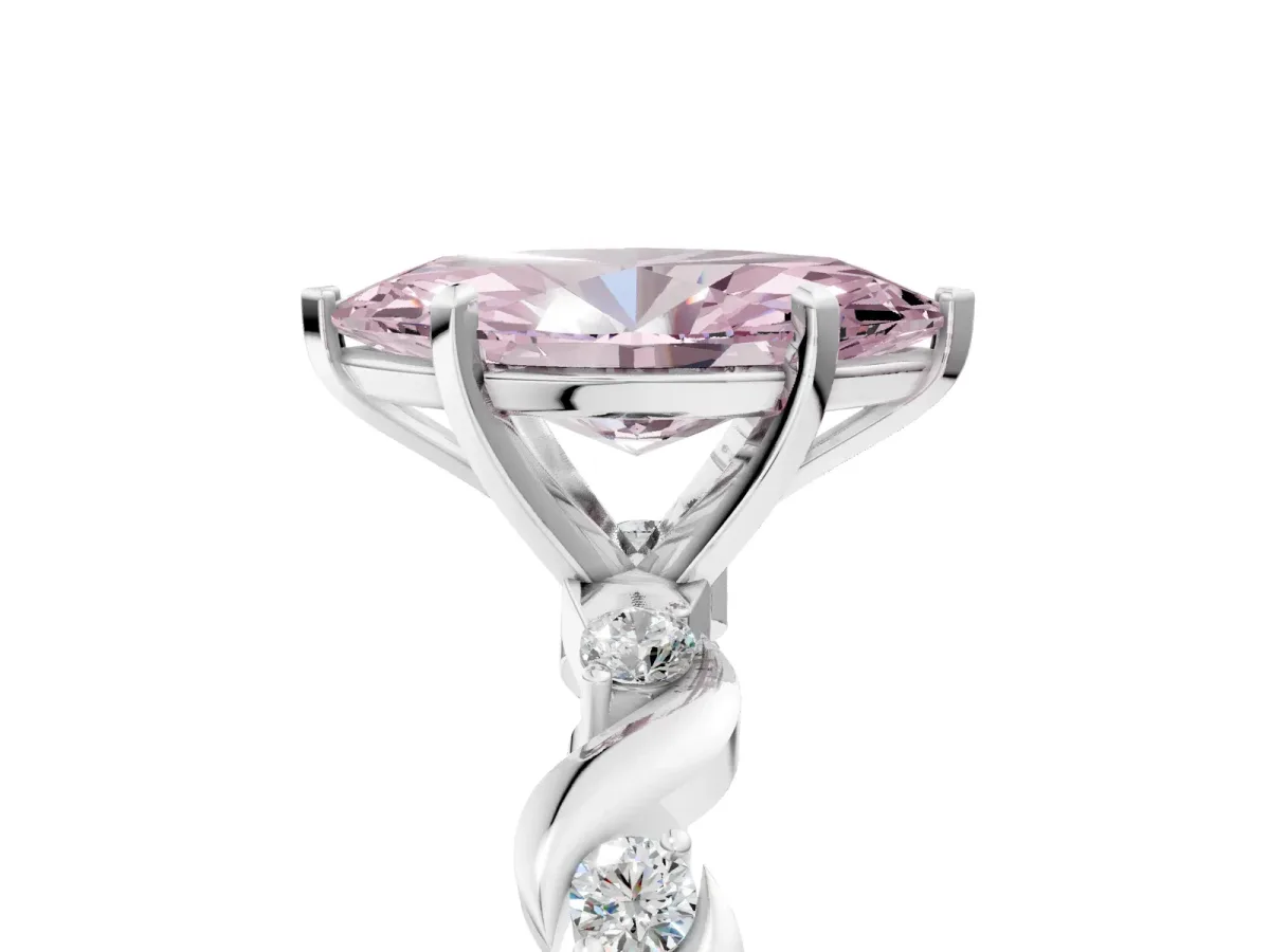Fancy Pink Marquise Cut Diamond Solitaire Twisted Band with Round Accents and Prong Setting White gold