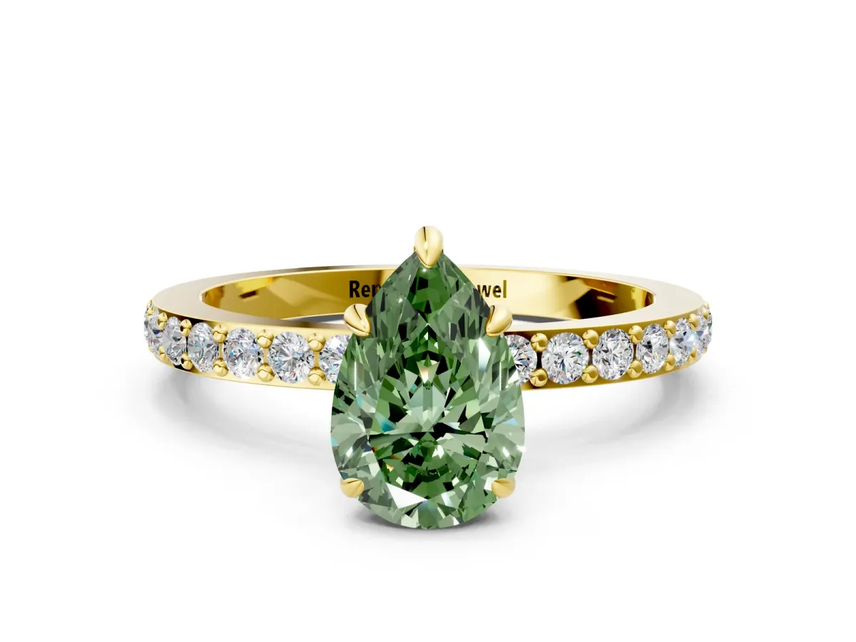 Fancy Green Pear Cut Diamond Solitaire Engagement Ring with Pavé Band and Four-Prong Setting Yellow gold