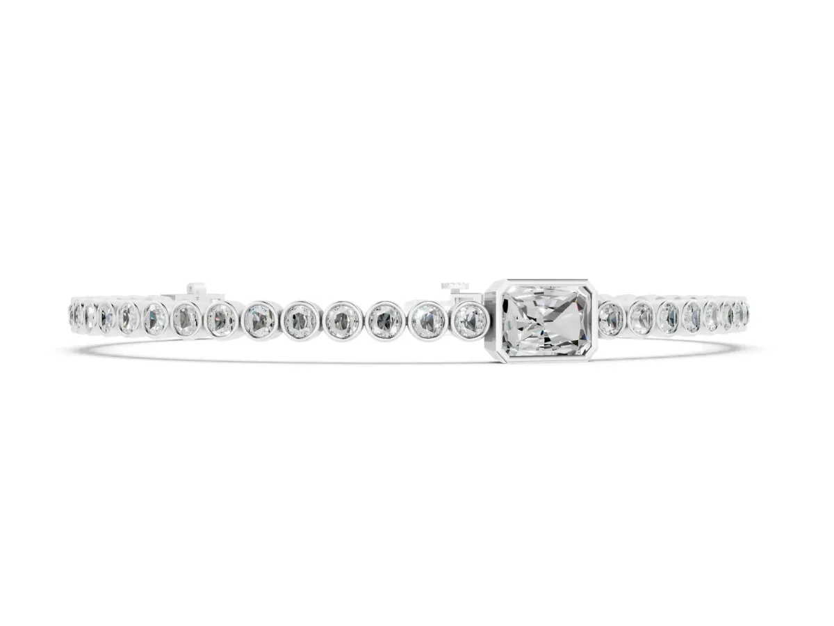 Bezel-Set Round Diamond Tennis Bracelet with Radiant Center Diamond White gold