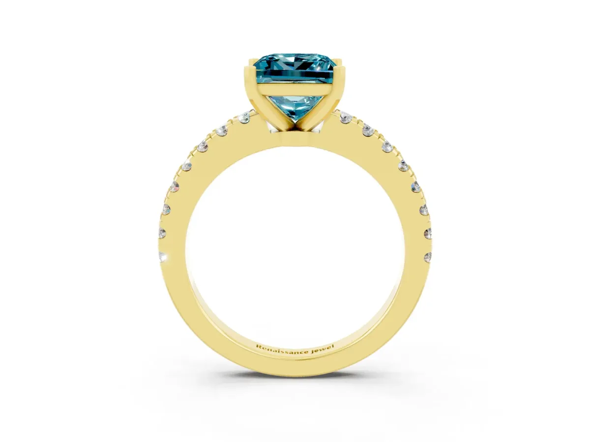 Princess Cut Solitaire Blue Topaz with Pavé Band and Four-Prong Setting Yellow gold