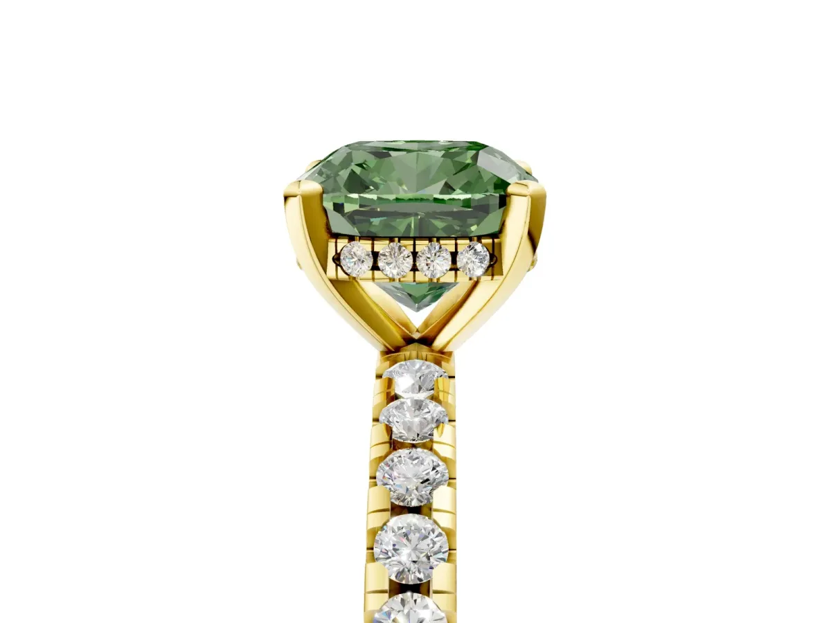 Fancy Green Cushion Cut Diamond Solitaire Ring with Round Pavé Band and Four-Prong Setting Yellow gold