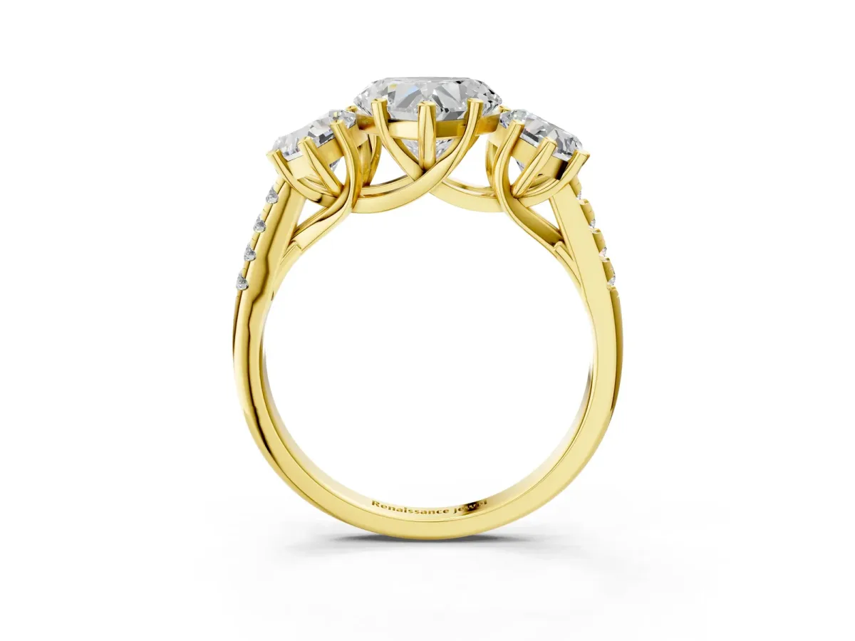 Three-Stone Heart Cut Diamond Ring with Round Moissanite Pavé Band and Prong Setting Yellow gold