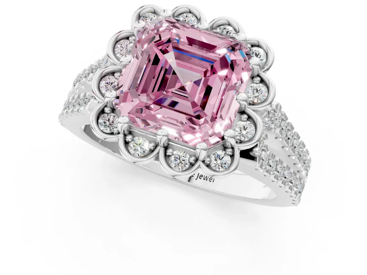 Fancy Pink Asscher Cut Halo Diamond Floral Split Shank Engagement Ring Platinum