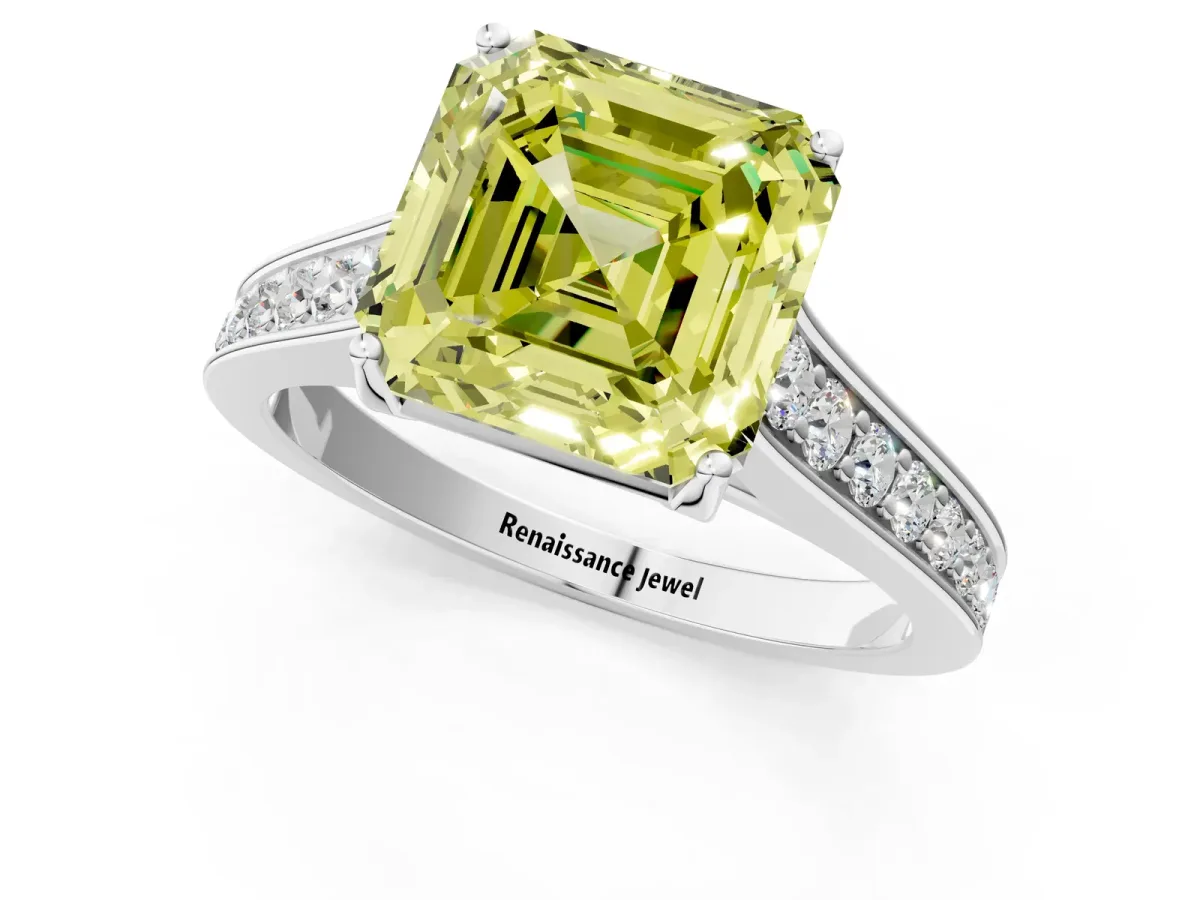 Fancy Yellow Asscher Cut Brilliant Cut Diamond Engagement Ring with Pavé Band and Four-Prong Setting Platinum