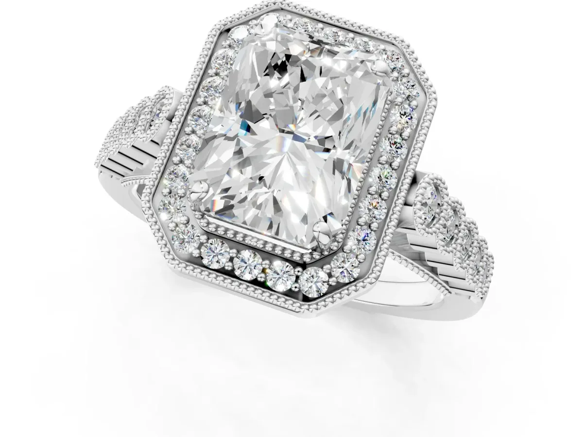 Radiant Cut Halo Milgrain Solitaire with Bezel Set Side Stones and Pave Band Platinum