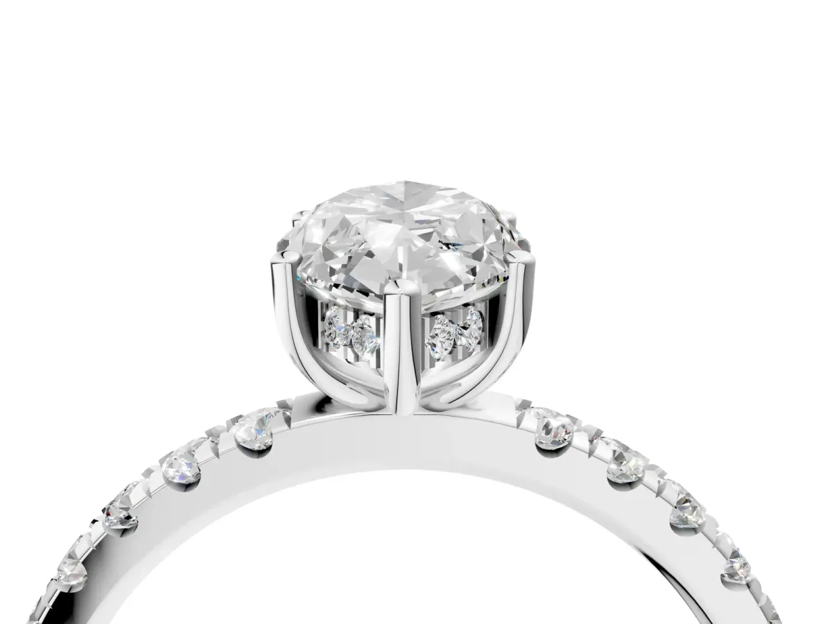 Marquise Cut Diamond Pave Band Solitaire Ring with Round Moissanite and Prong Setting White gold
