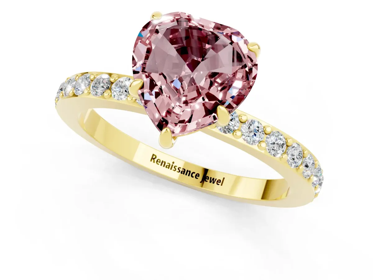 Heart Cut Morganite Solitaire Engagement Ring with Pavé Band and Four-Prong Setting Yellow gold