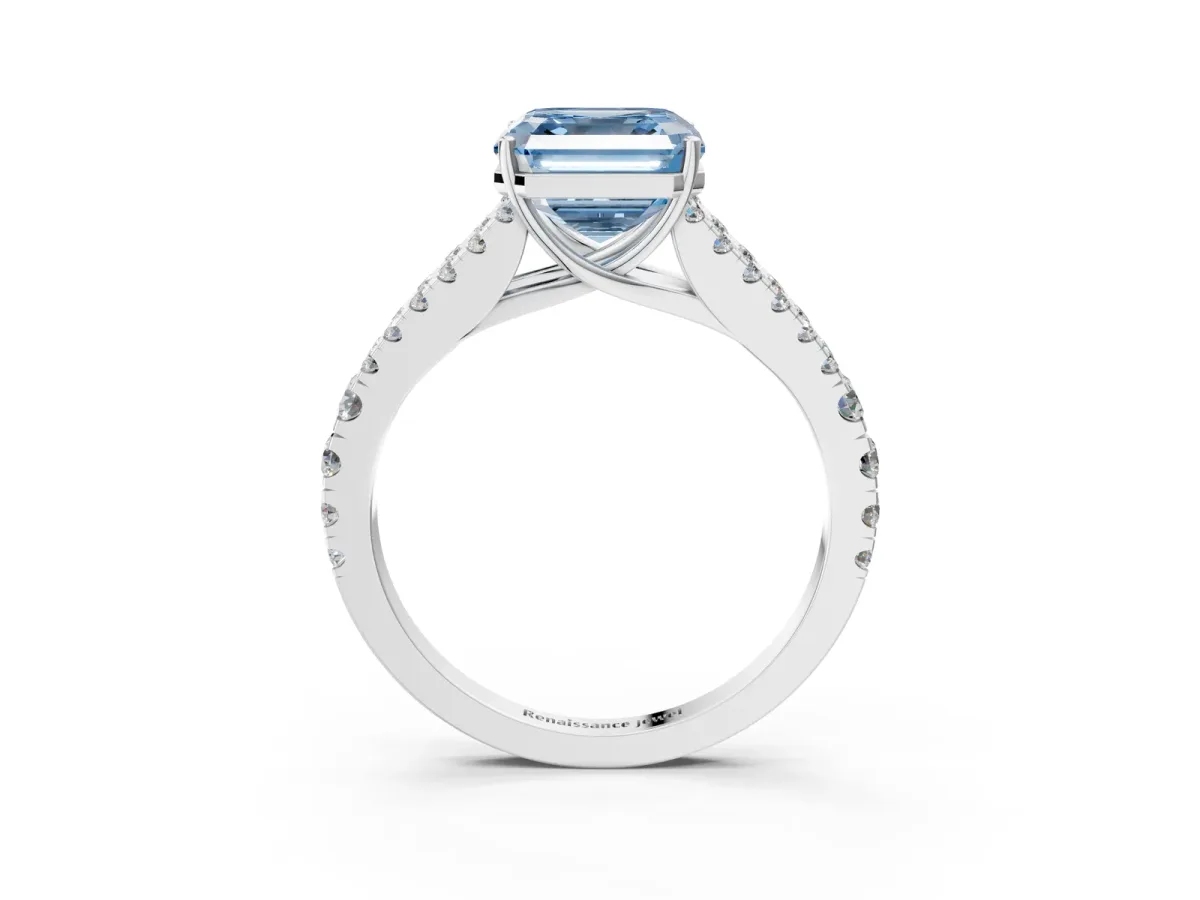 Fancy Blue Asscher Cut Diamond Split Shank Engagement Ring with Round Pavé and Prong Setting Platinum