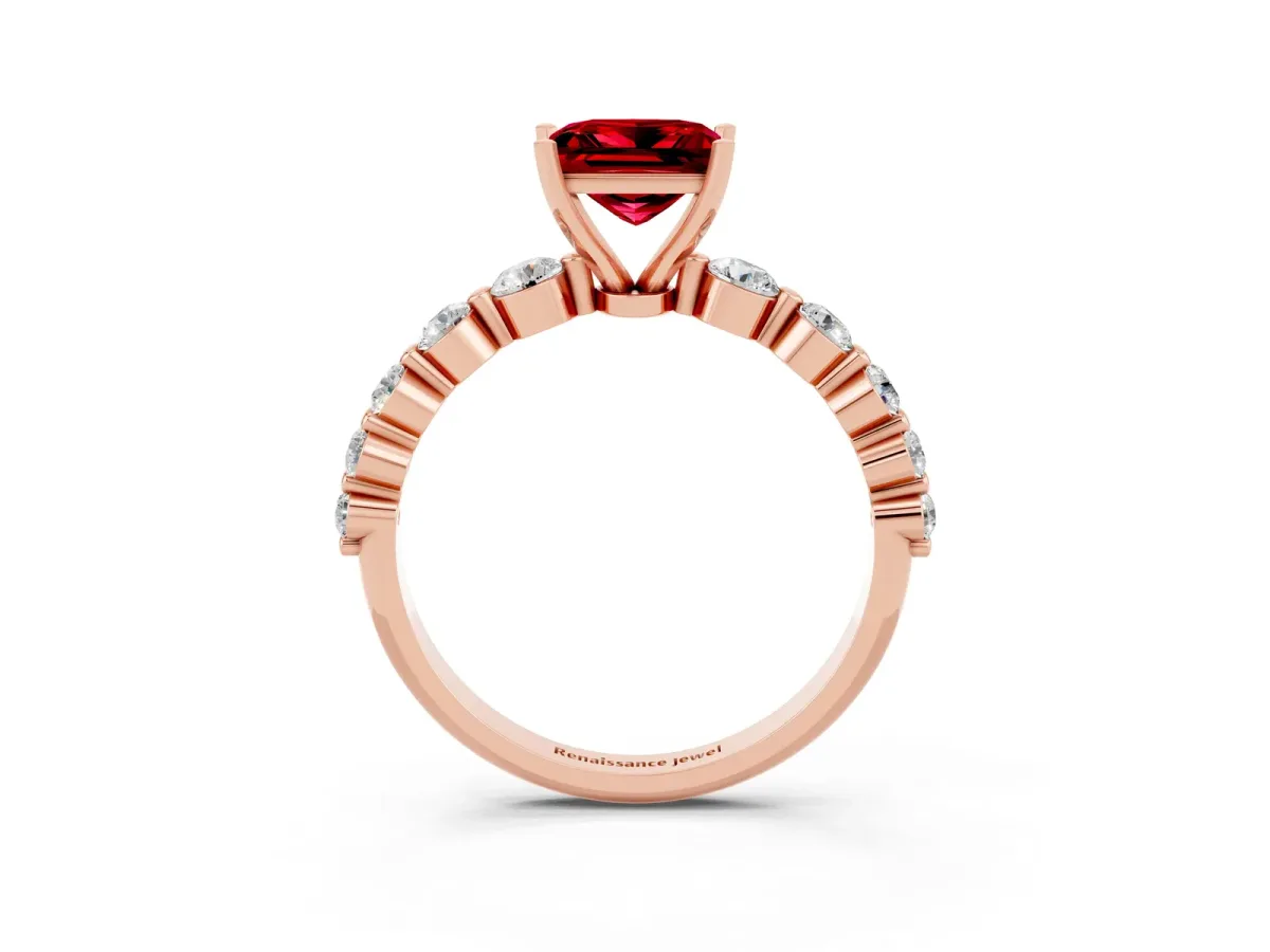 Princess Cut Solitaire Ruby Ring with Pave Band and Four-Prong Setting Rose gold