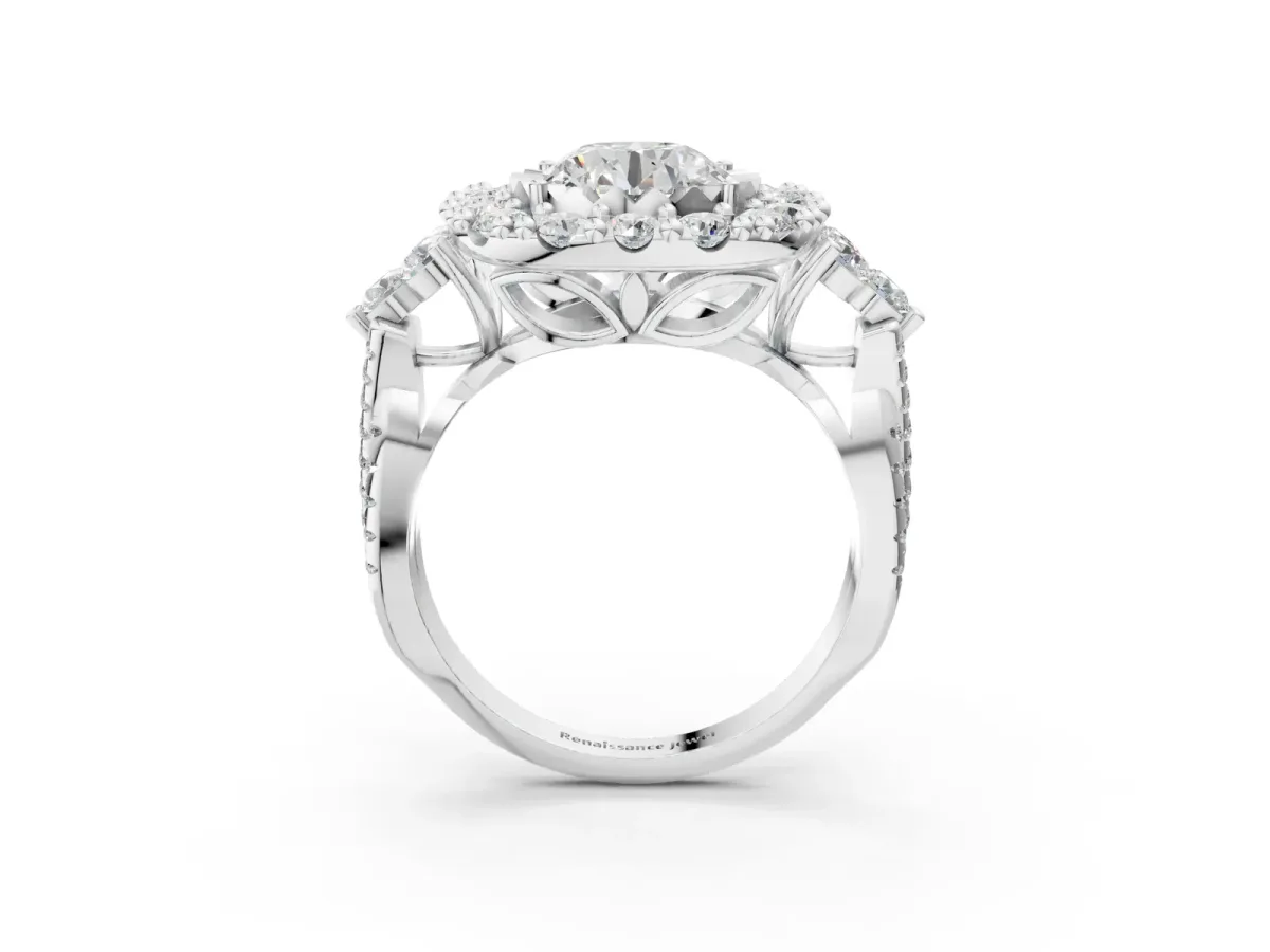 Round Cut Diamond Halo Ring with Pavé Band and Four-Prong Setting Silver