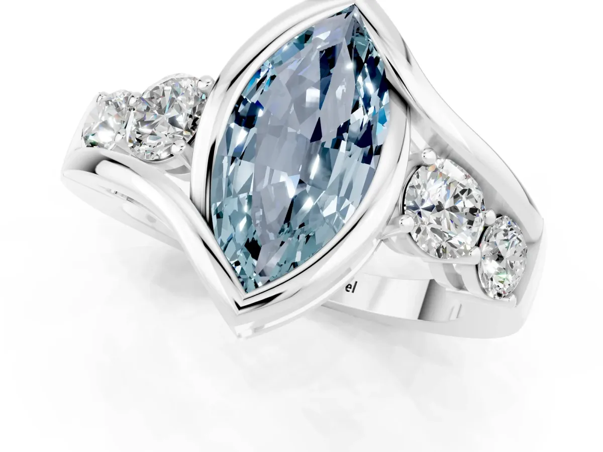 Bezel Set Marquise Cut Aquamarine Bypass Ring with Round Accents Silver