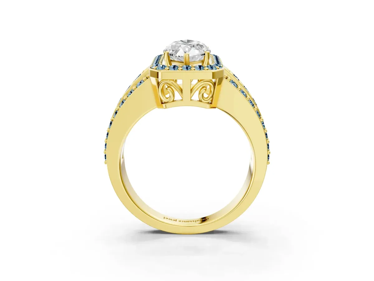 Marquise Cut Halo Diamond Ring with Round Aquamarine Split Shank and Prong Setting Yellow gold