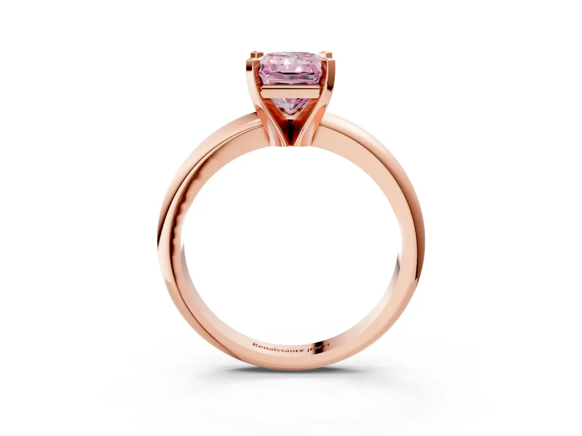 Fancy Pink Radiant Cut Diamond Solitaire Engagement Ring with Round Band and Four-Prong Setting Rose gold