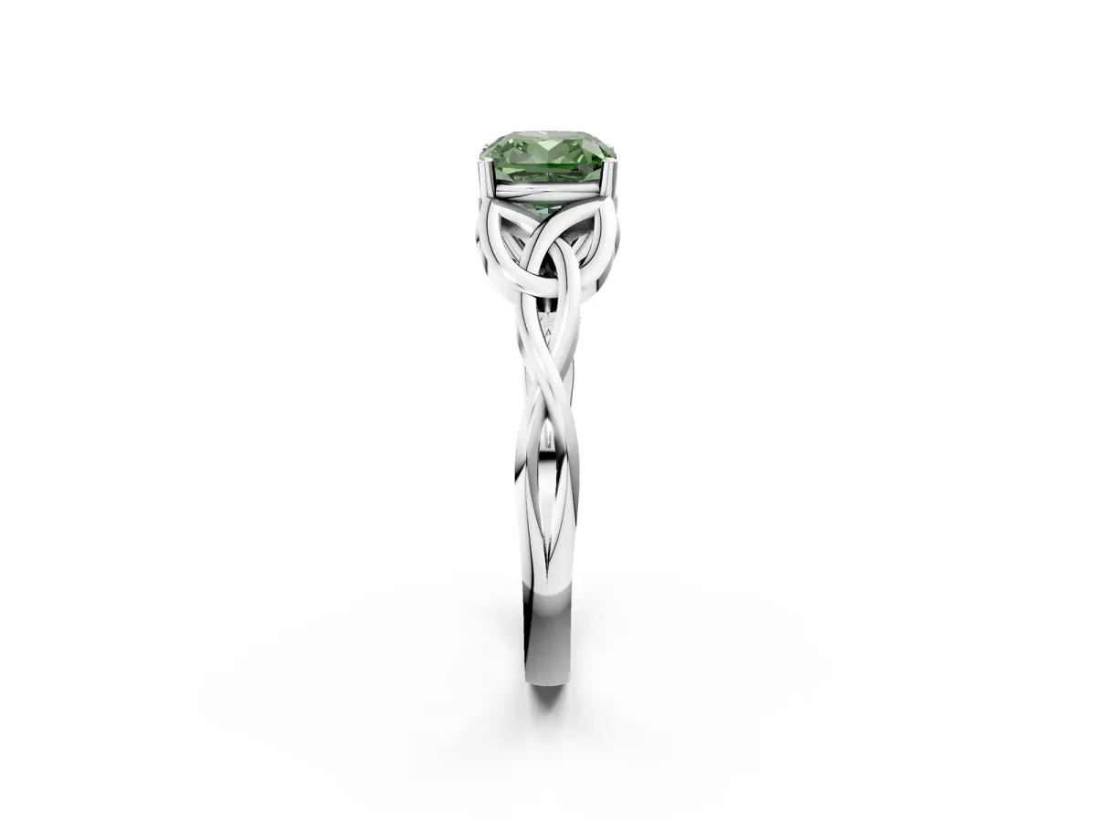 Fancy Green Cushion Cut Diamond Solitaire Engagement Ring with Celtic Knot Band and Four-Prong Setting White gold