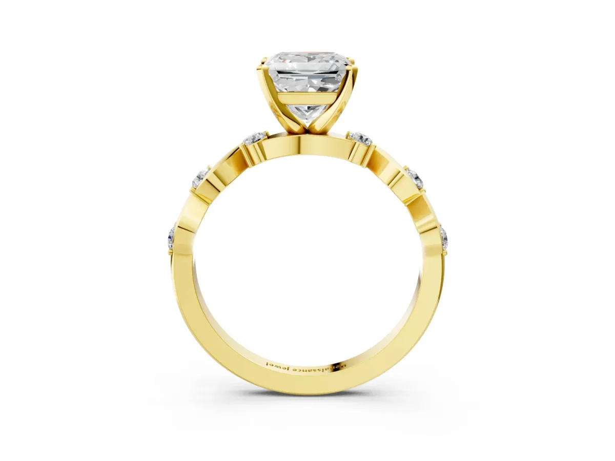 Princess Cut Diamond Solitaire Twisted Band with Round Accents and Prong Setting Yellow gold